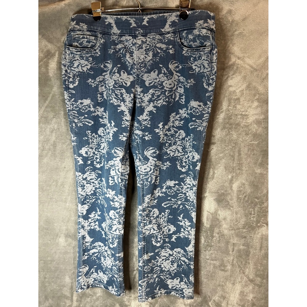 Denim & Co Blue White Floral Toile Pull On Stretch Jeans Straight Leg Petite L